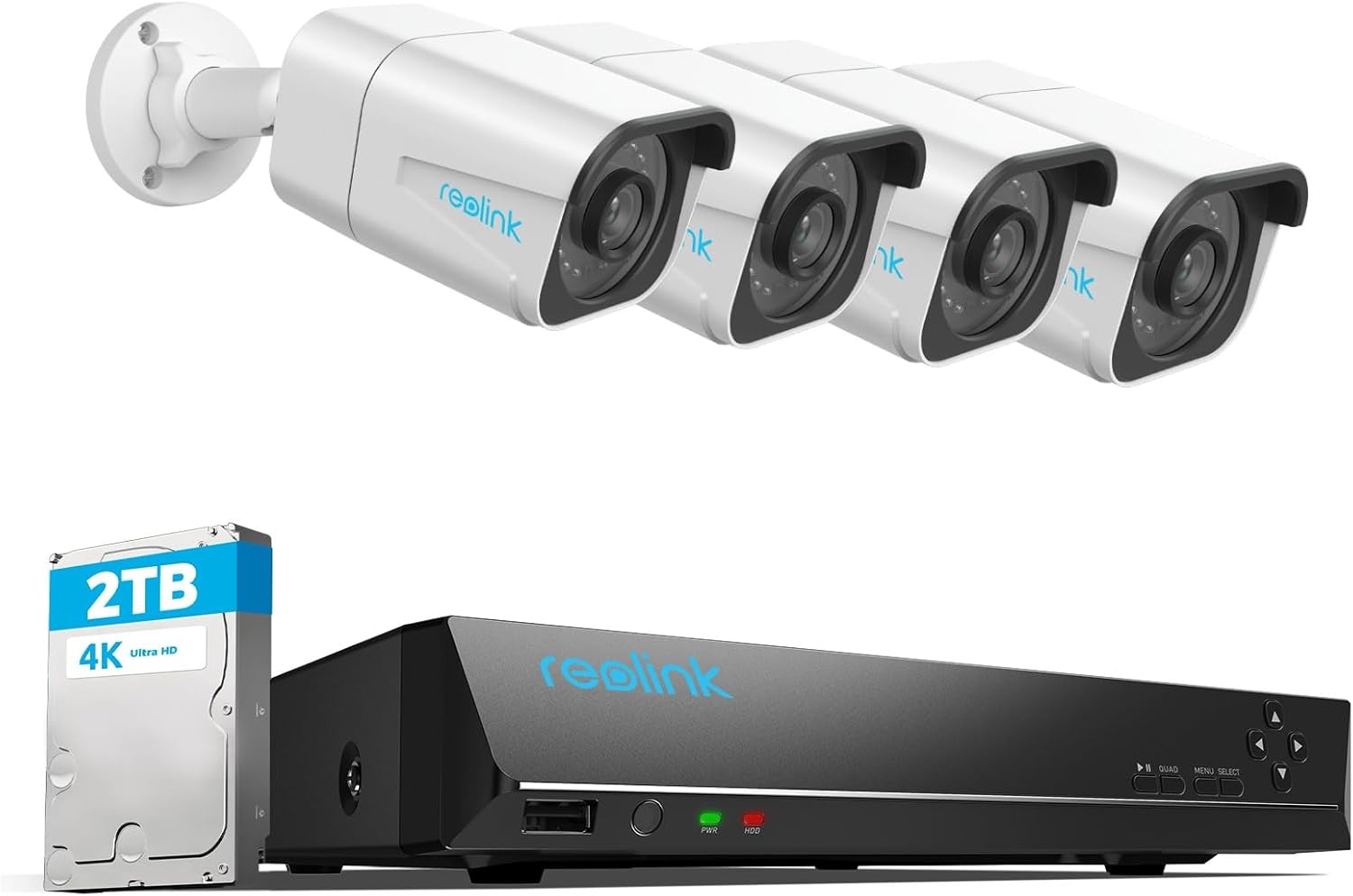 4K Caméra de Surveillance Extérieure, Détection de Personne et Véhicule, Kit Vidéo Surveillance avec 8CH 2To NVR et Caméra IP PoE 4X 8MP, 30 Mètres Vision Nocturne avec Audio, RLK8-800B4 Blanc